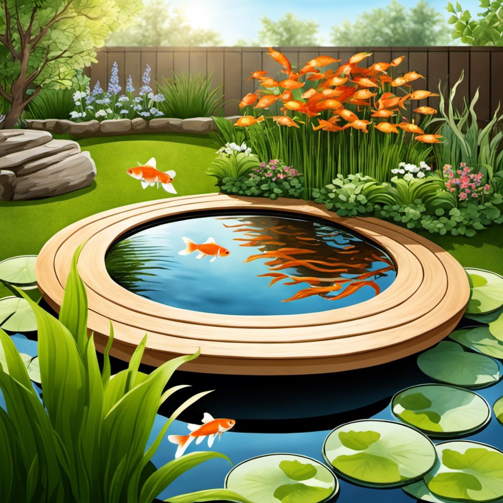 coin shaped pond with goldfish