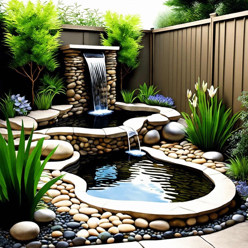 compact waterfall featuring multiple layers into a pebble lined pond