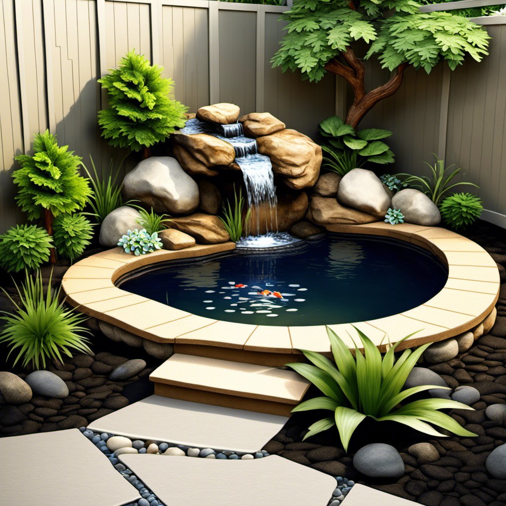 corner rock waterfall with koi fish pond