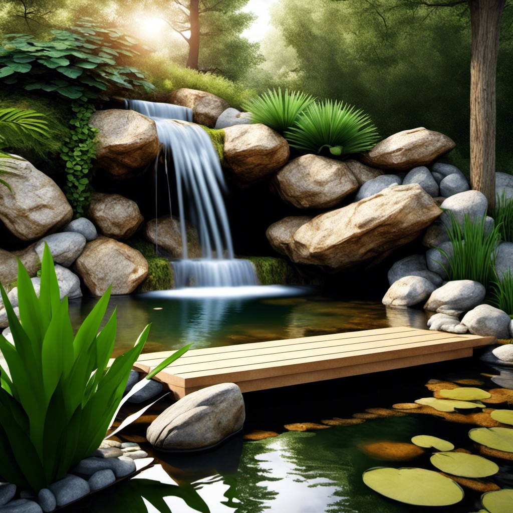 corner waterfall with a hidden grotto into a naturalistic pond