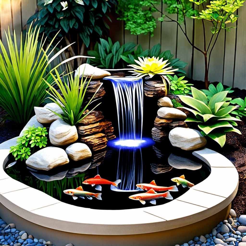 corner waterfall with night lighting and clear pond