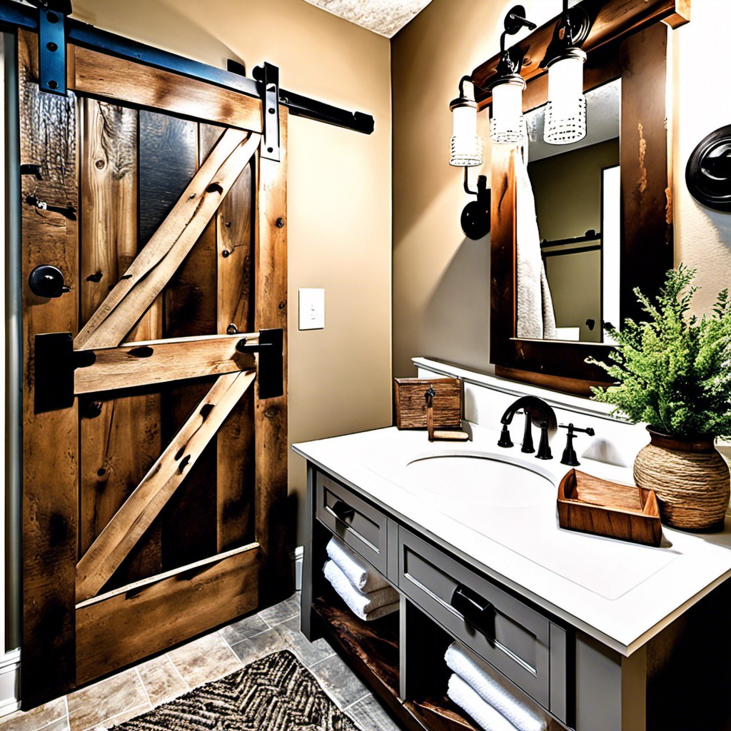 create a rustic bathroom with barn door accents