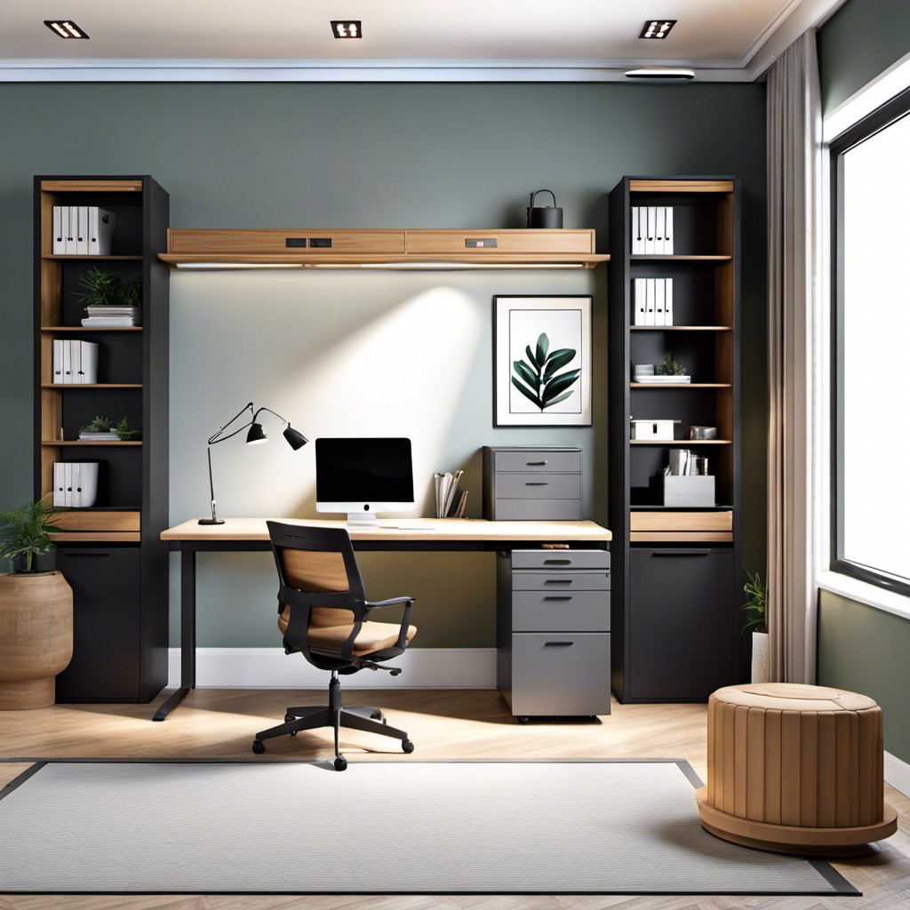 dual workspace desk with a central filing cabinet