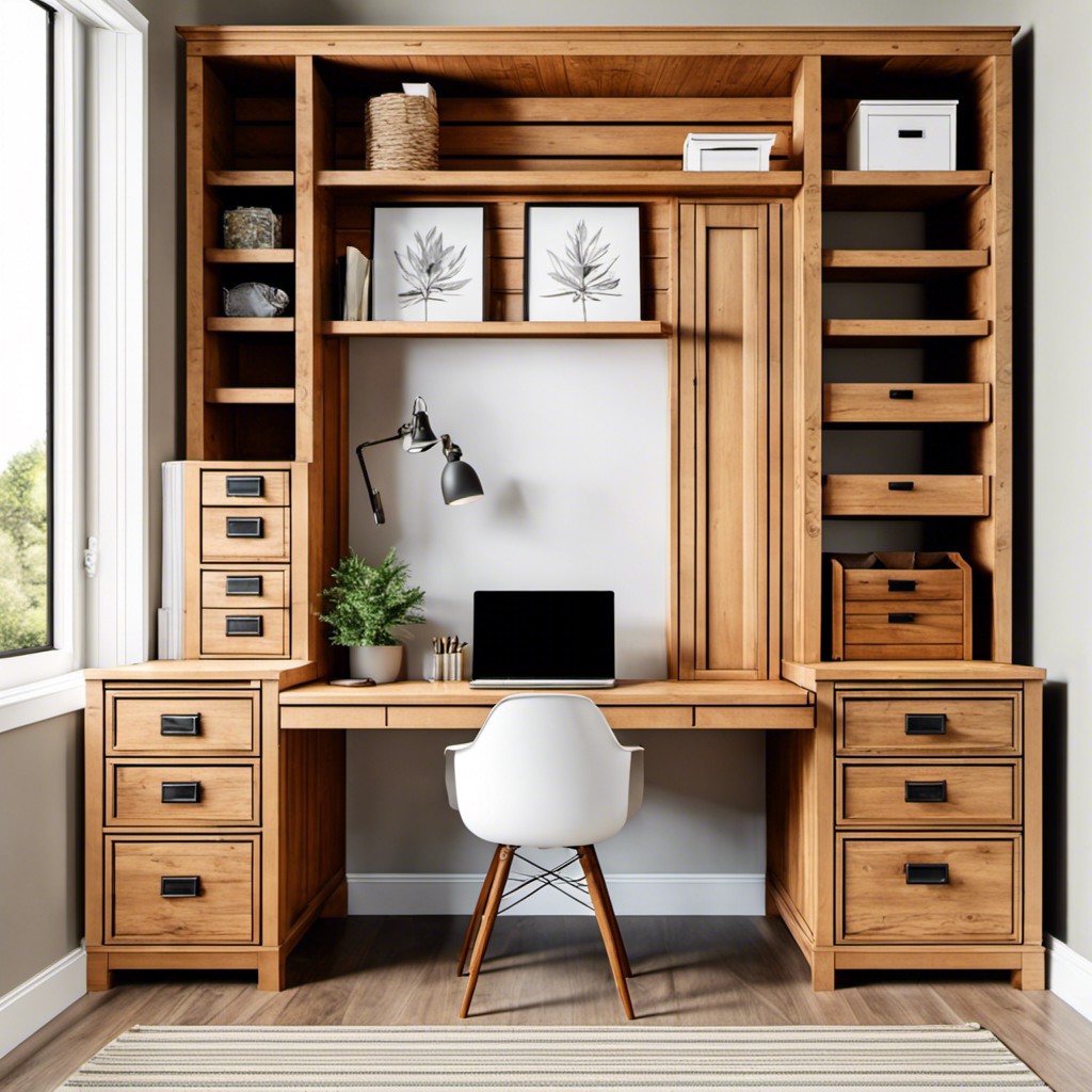 farmhouse style wooden desk with horizontal filing cabinet