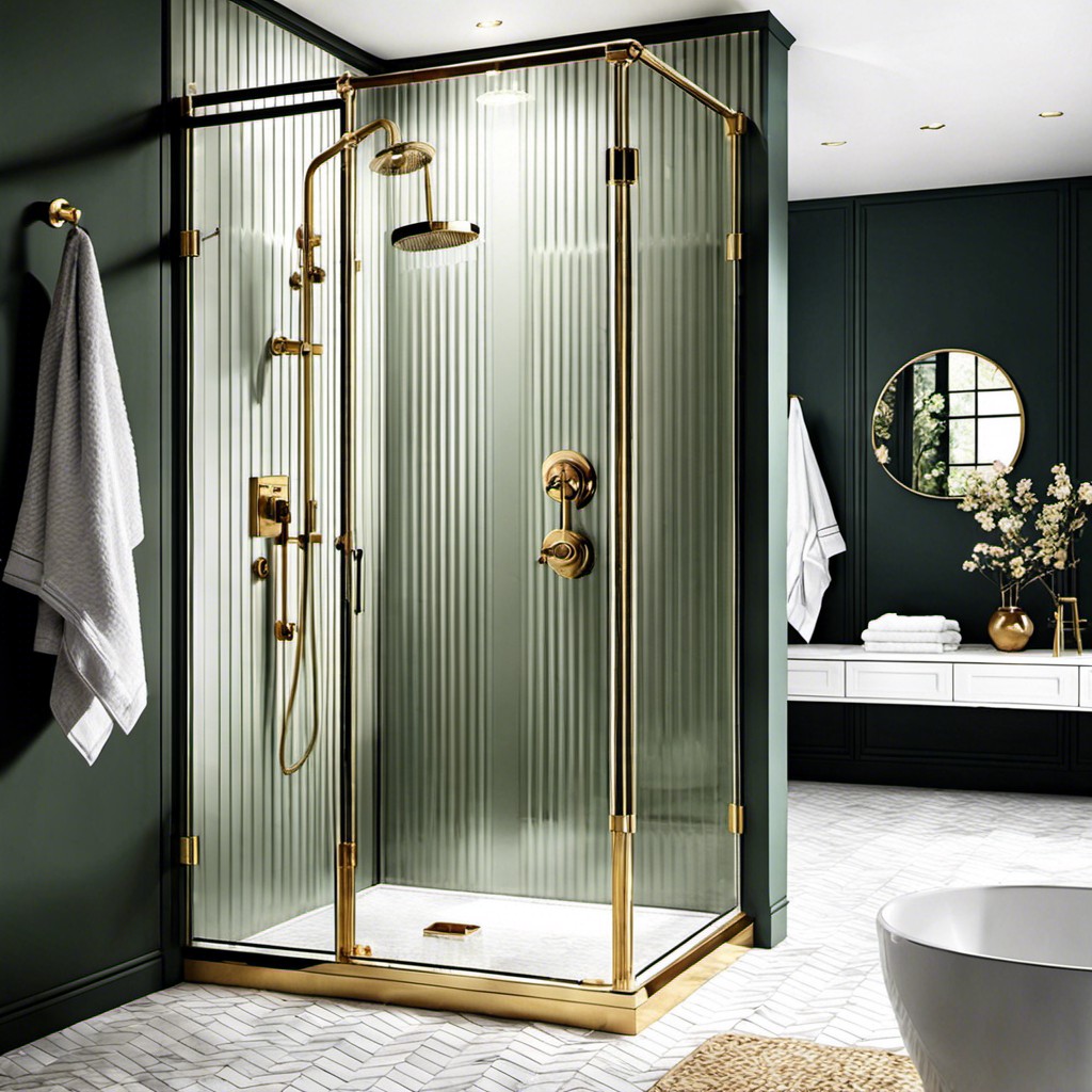 fluted glass shower with brass finish touch