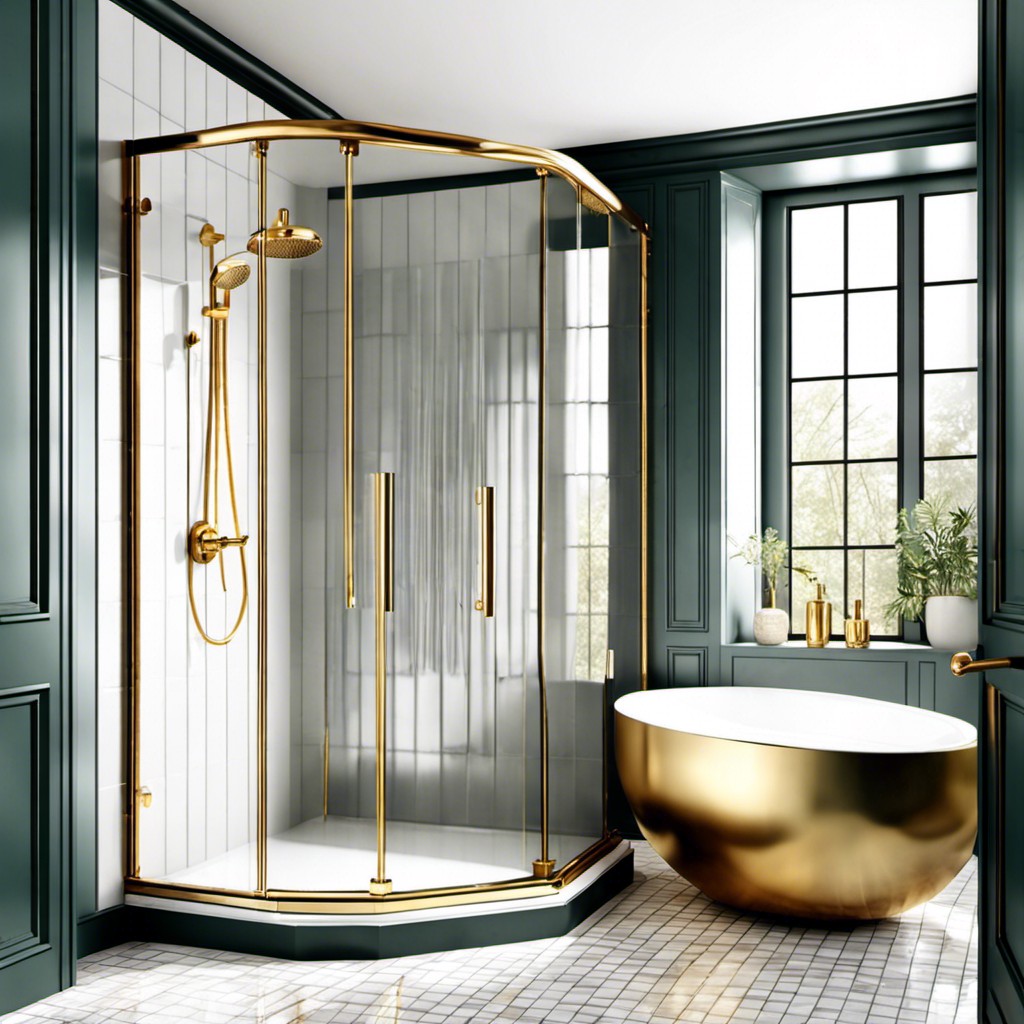 fluted glass shower with gold handles