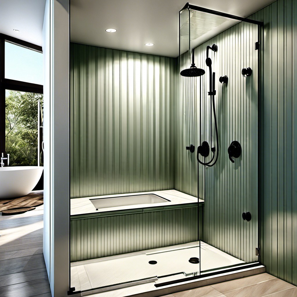 fluted glass shower with integrated bench