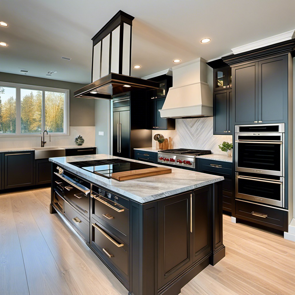 fluted island with a built in cooktop and range hood