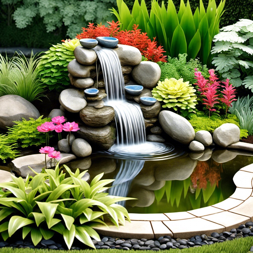 garden statue themed waterfall leading into a blooming water plant pond