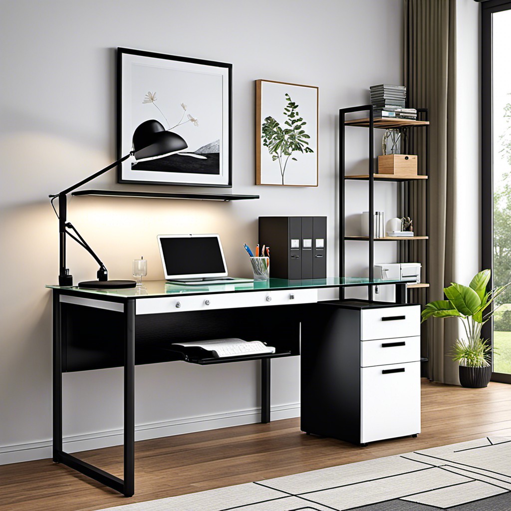 glass top desk with visible filing cabinet underneath for easy access