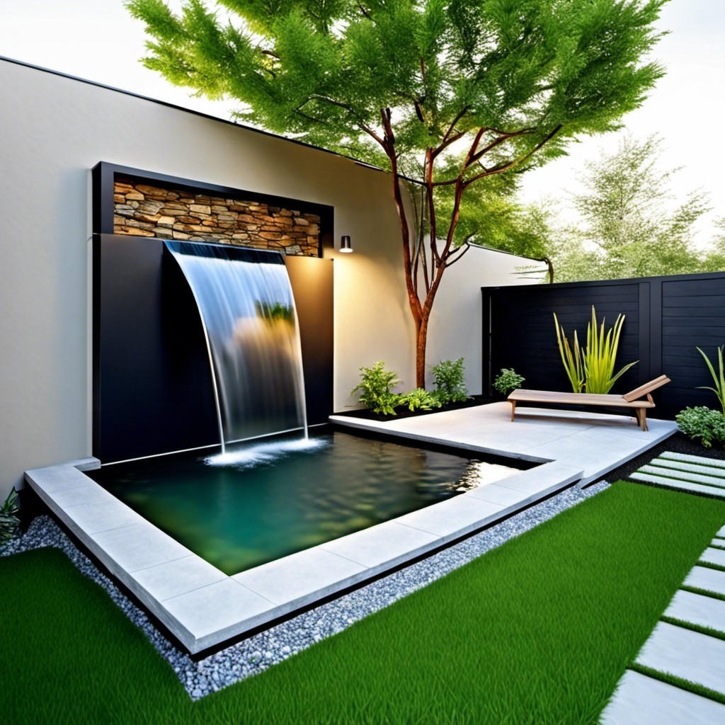 glass wall waterfall trickling into a small modern pond