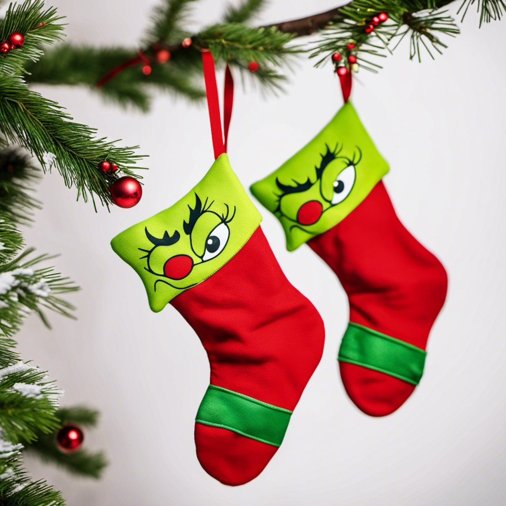 grinch themed stockings hanging from tree branches