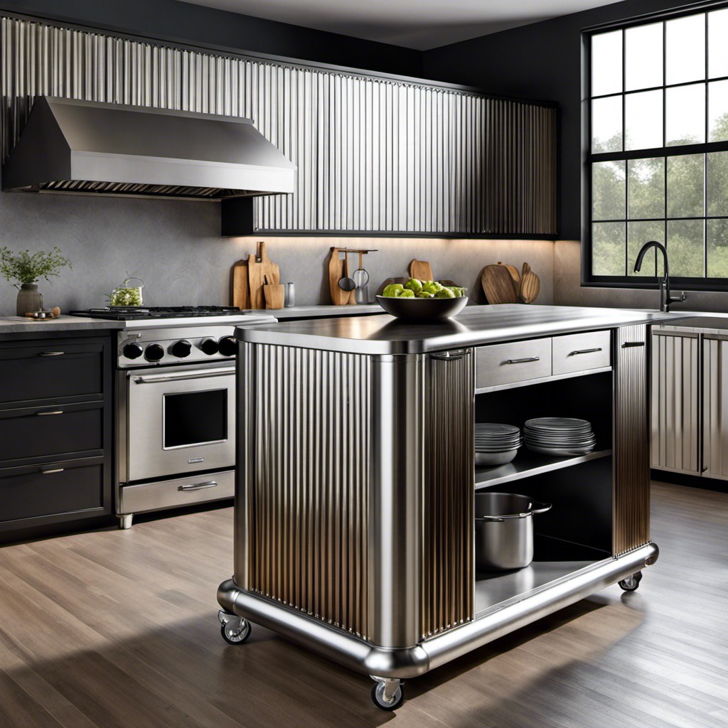 industrial style fluted island with stainless steel countertop