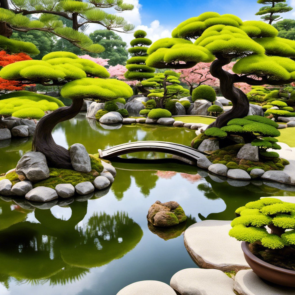 japanese inspired garden pond with bonsai trees