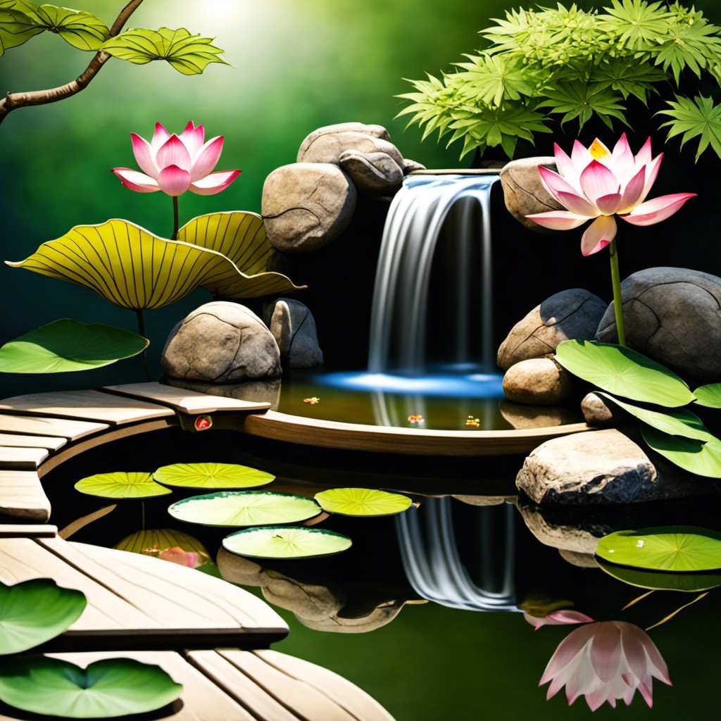 japanese themed corner waterfall leading to a lotus pond