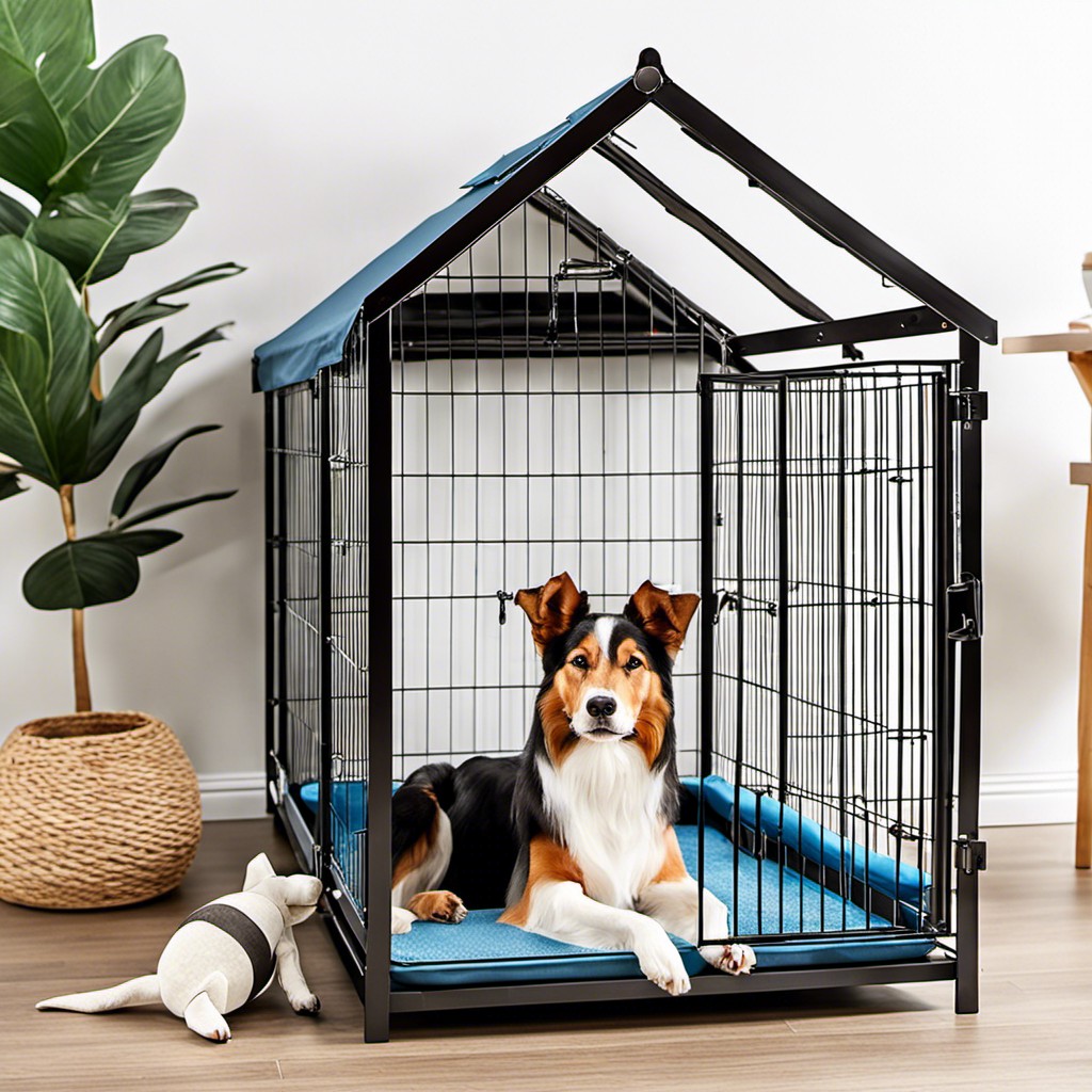 kennel with a built in sleeping area and toys