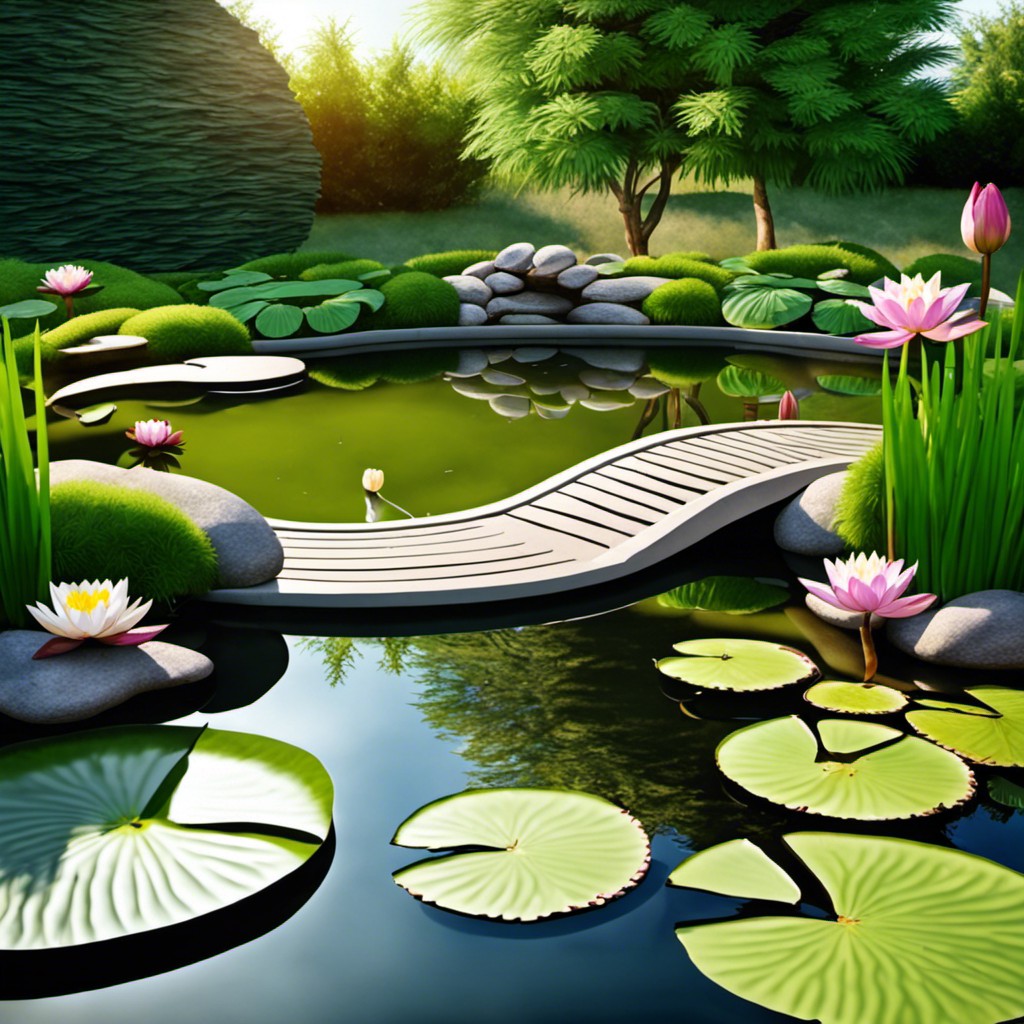 kidney shaped pond with water lilies