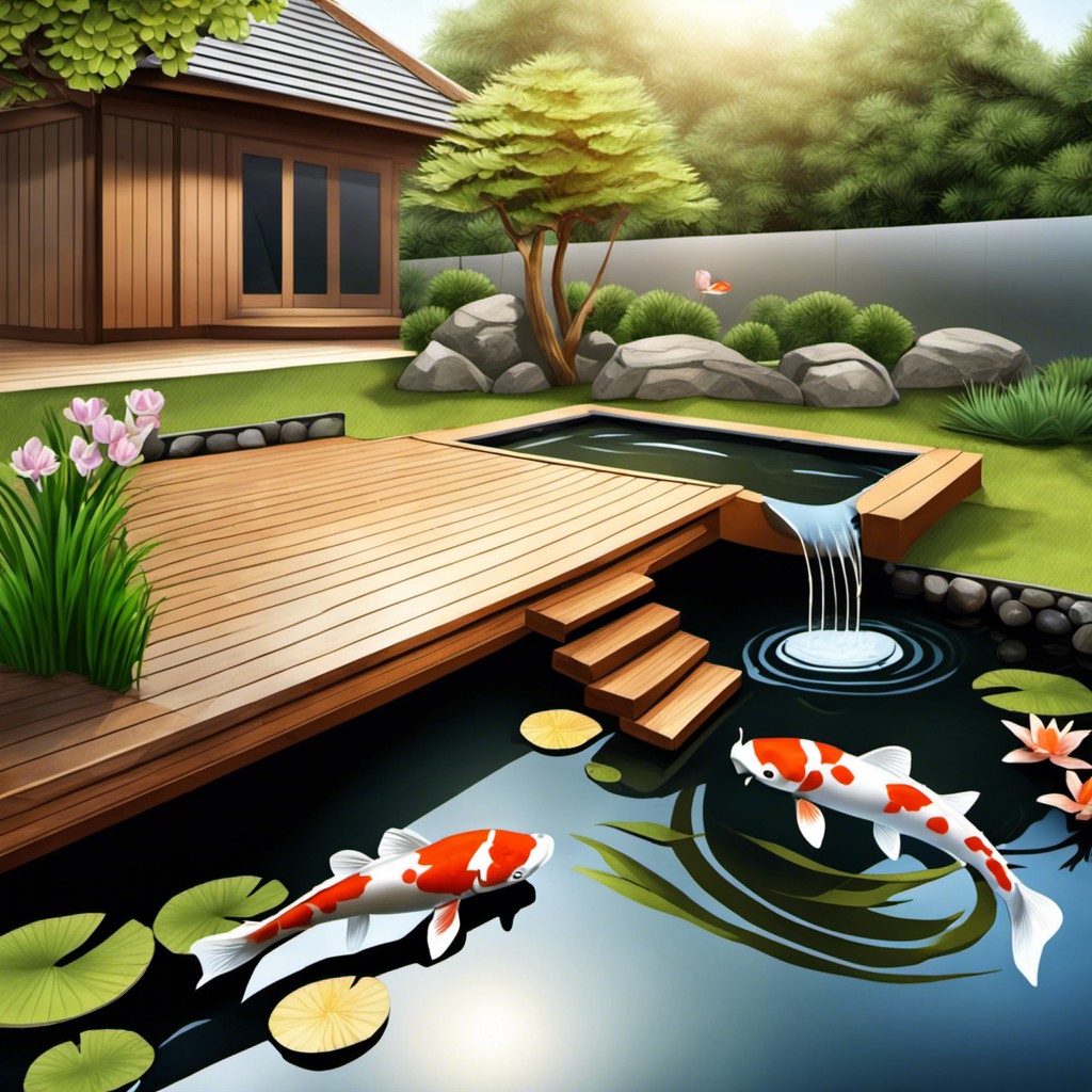 koi pond with a wooden deck