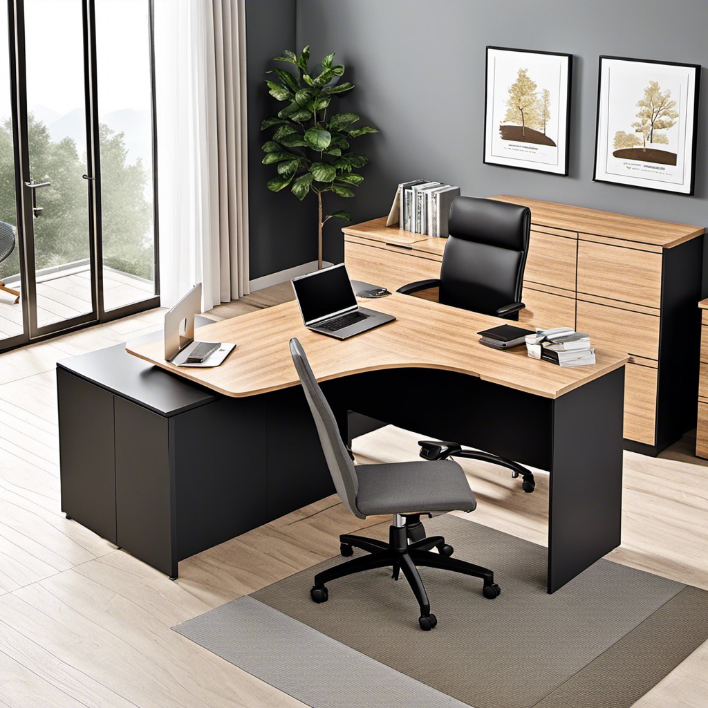 l shaped desk with built in filing system in the joint