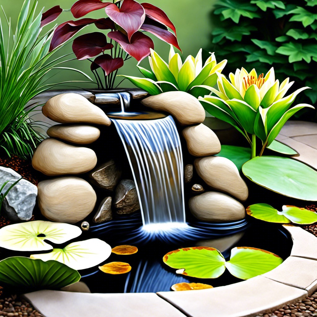 mini cascade waterfall with a lily pad pond