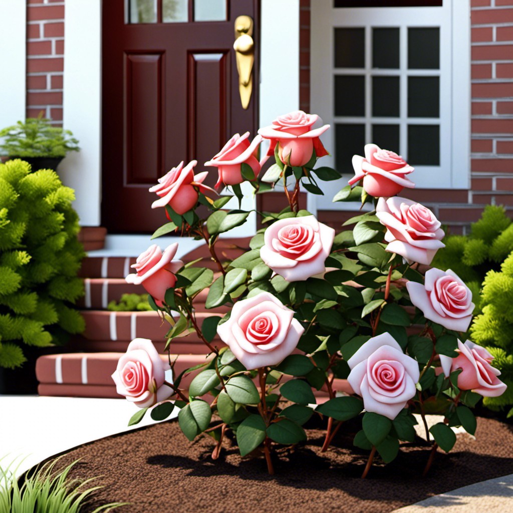 miniature rose bushes by front entrance