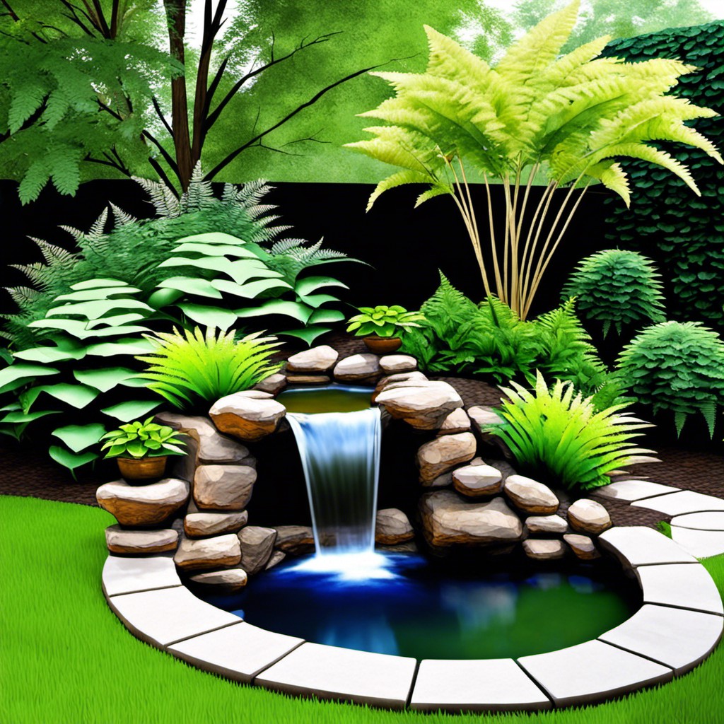 minimalistic waterfall with a fern surrounded pond
