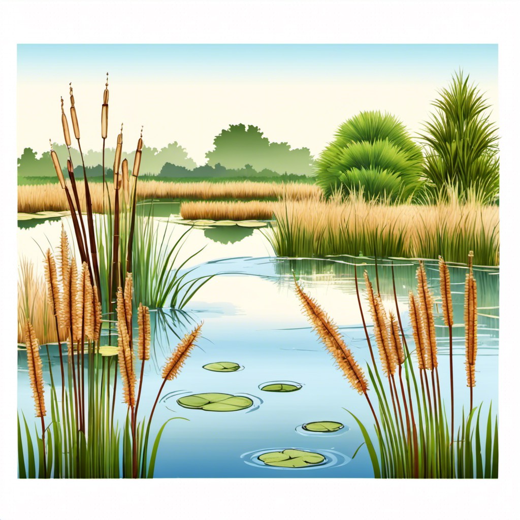 natural looking garden pond with reeds and bulrushes