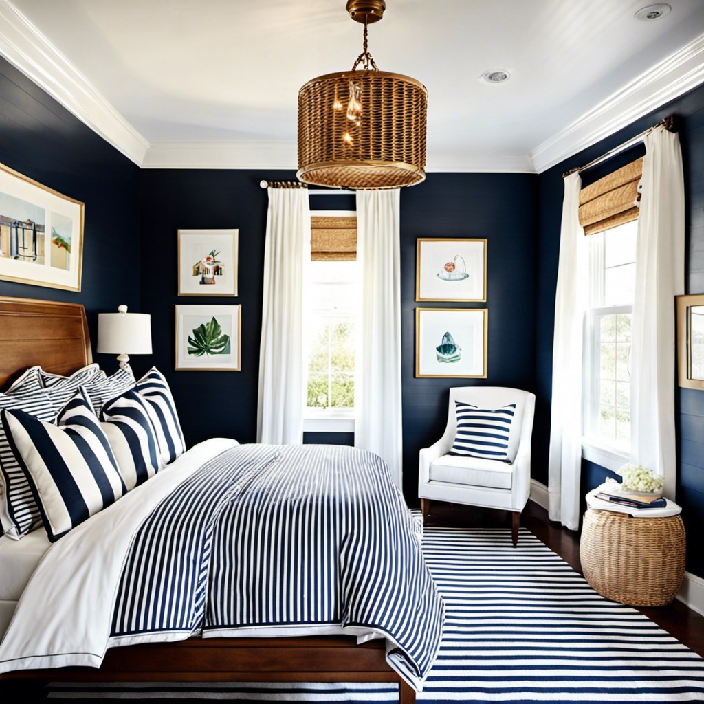 navy and white striped bedding