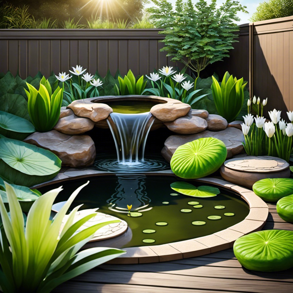 pond with an artificial waterfall and lily pads