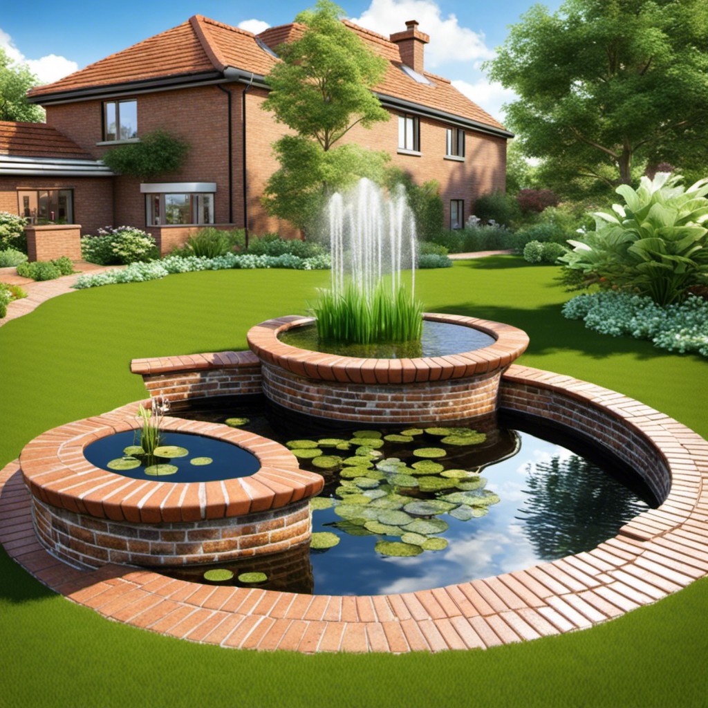 raised brick encrusted pond with water spouts