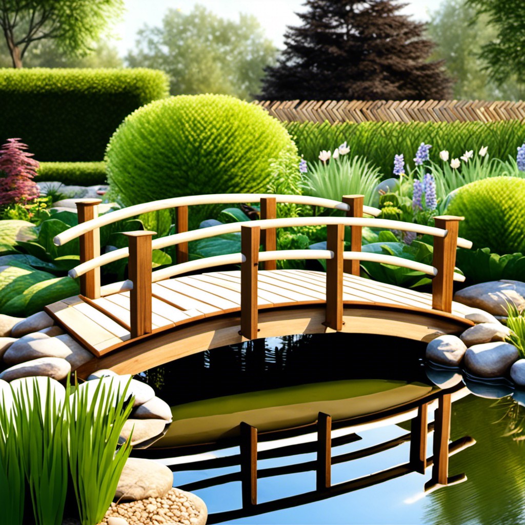 raised pond with a wooden bridge feature