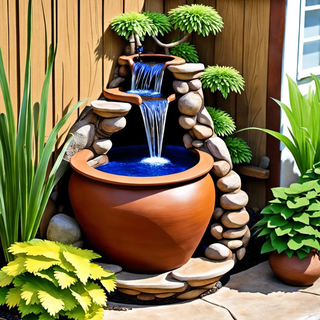 rustic clay pot waterfall into a vibrant fish pond