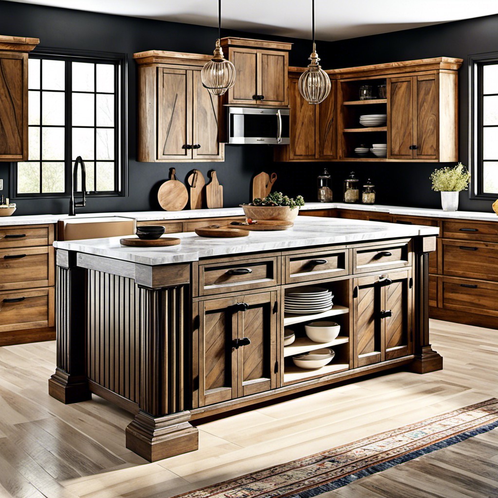 rustic fluted kitchen island with vintage hardware