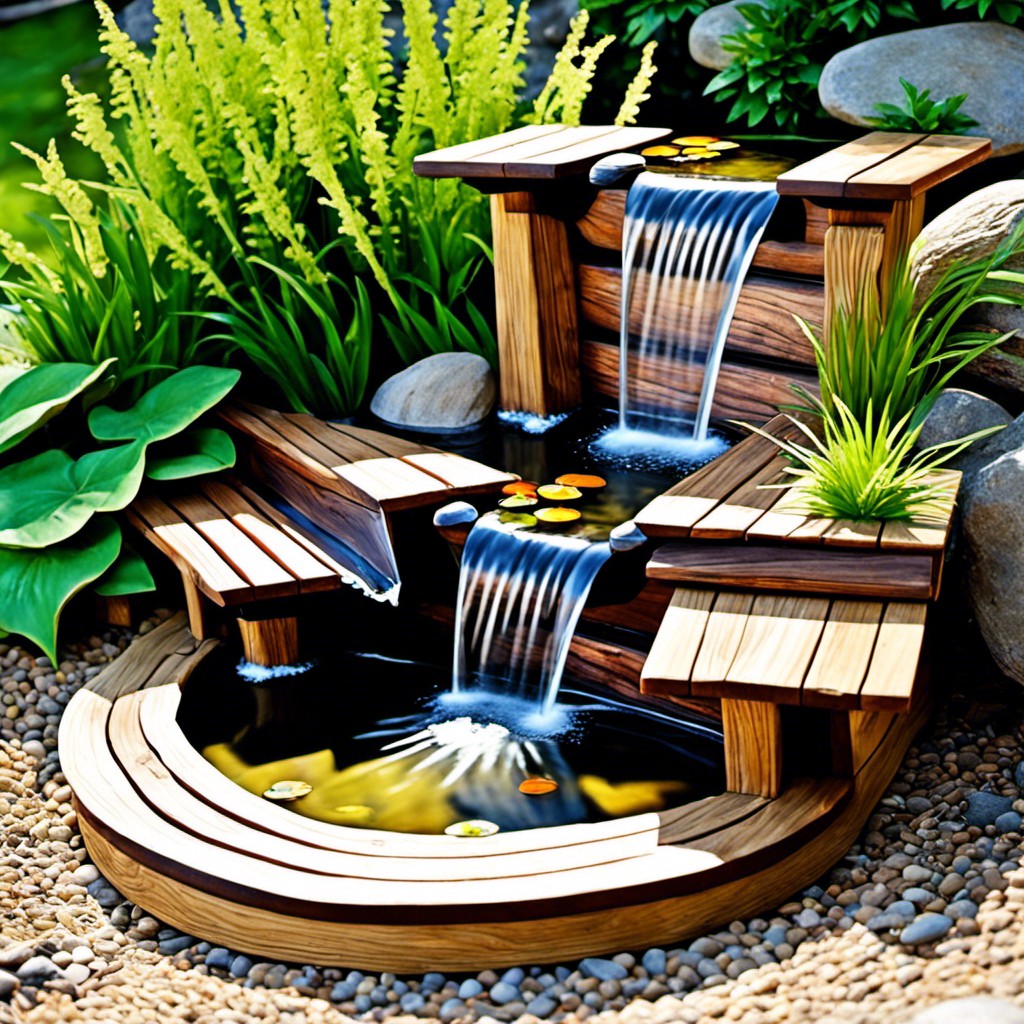 rustic wooden mini waterfall with reflective pond