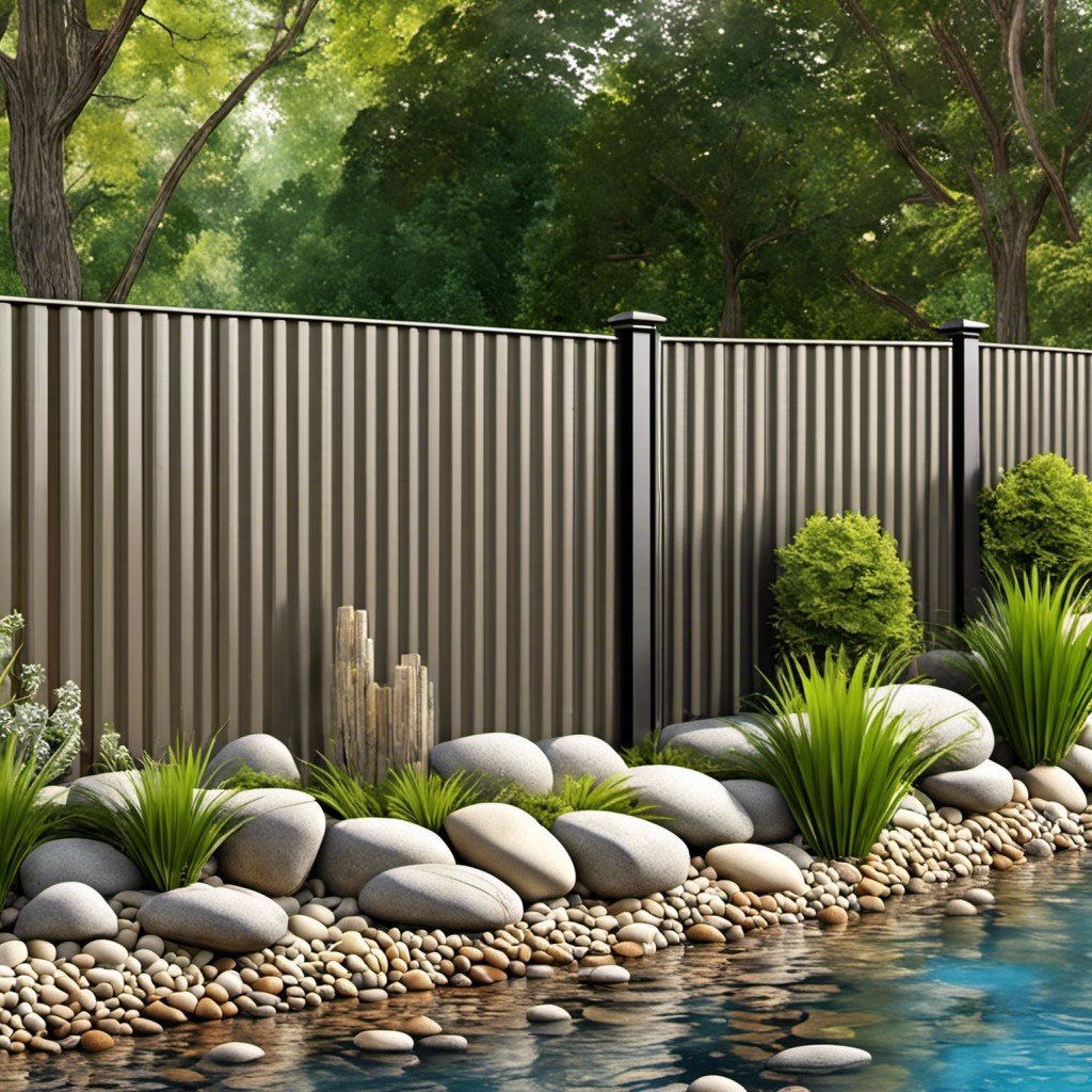 sheet metal and river rock combination fence