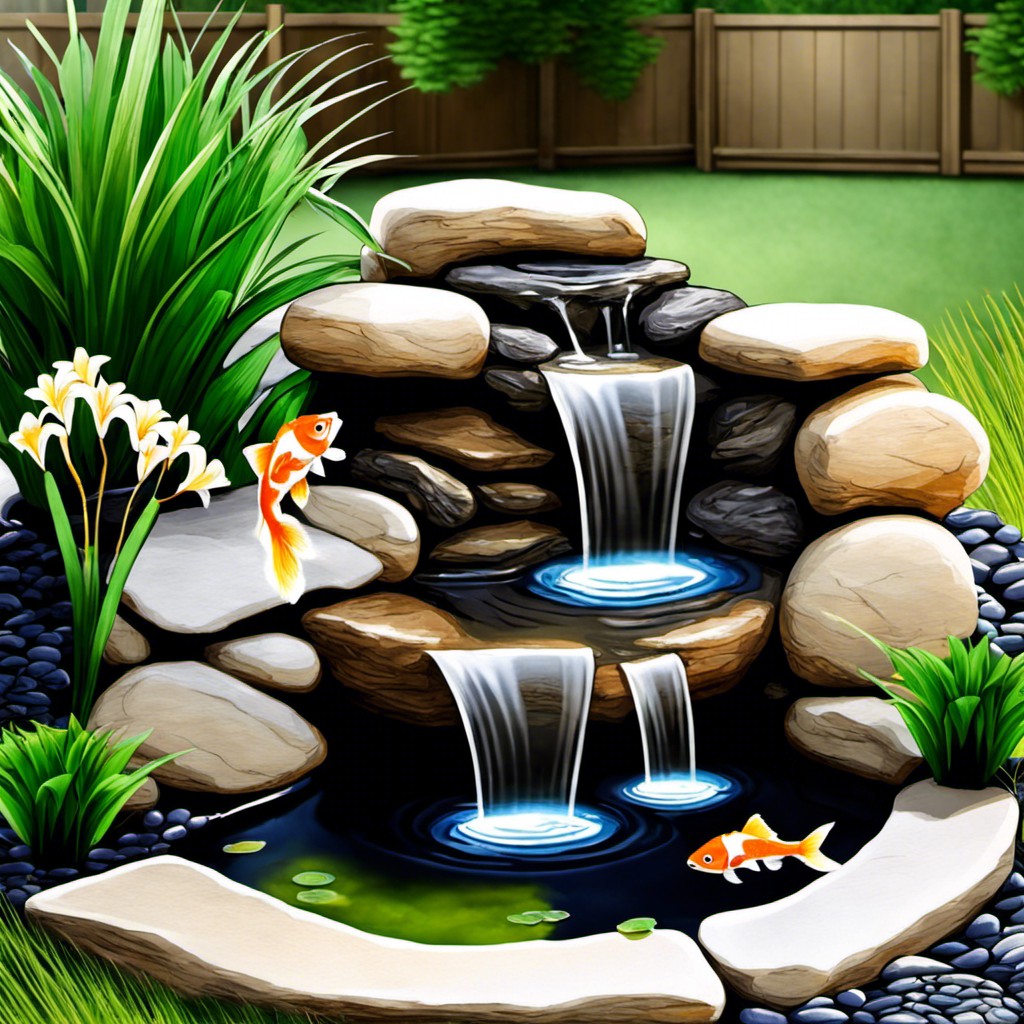 simple stone waterfall with a small goldfish pond