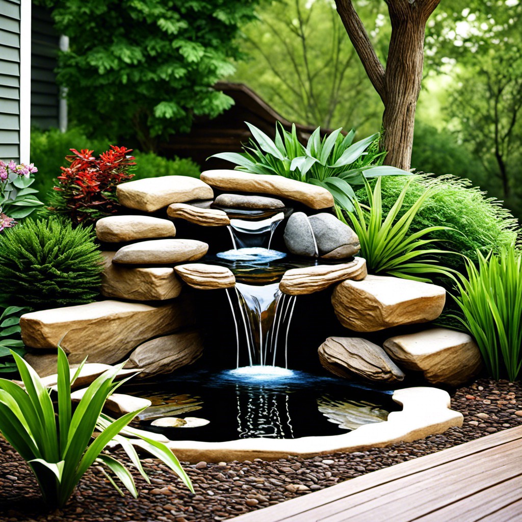 stacked stone waterfall trickling into a tranquil bird pond