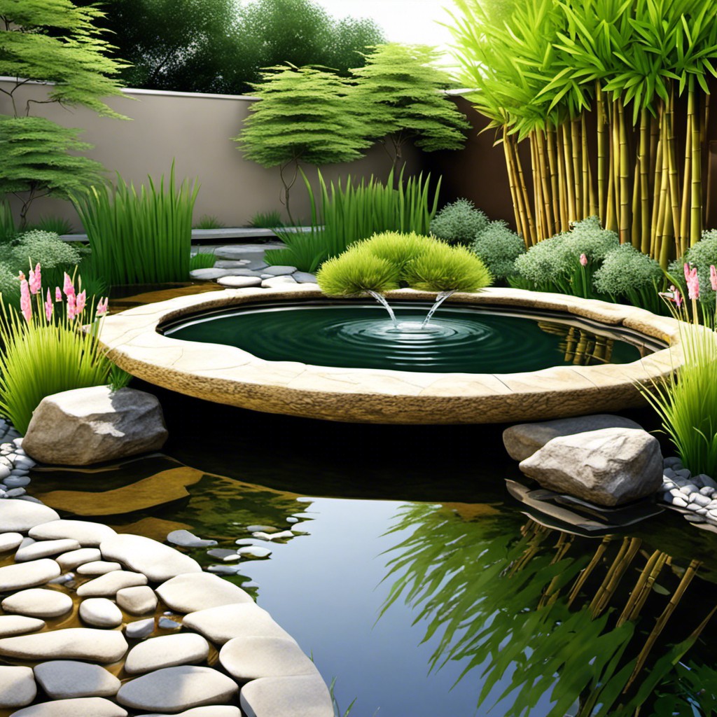 stone bordered pond with bamboo water feature