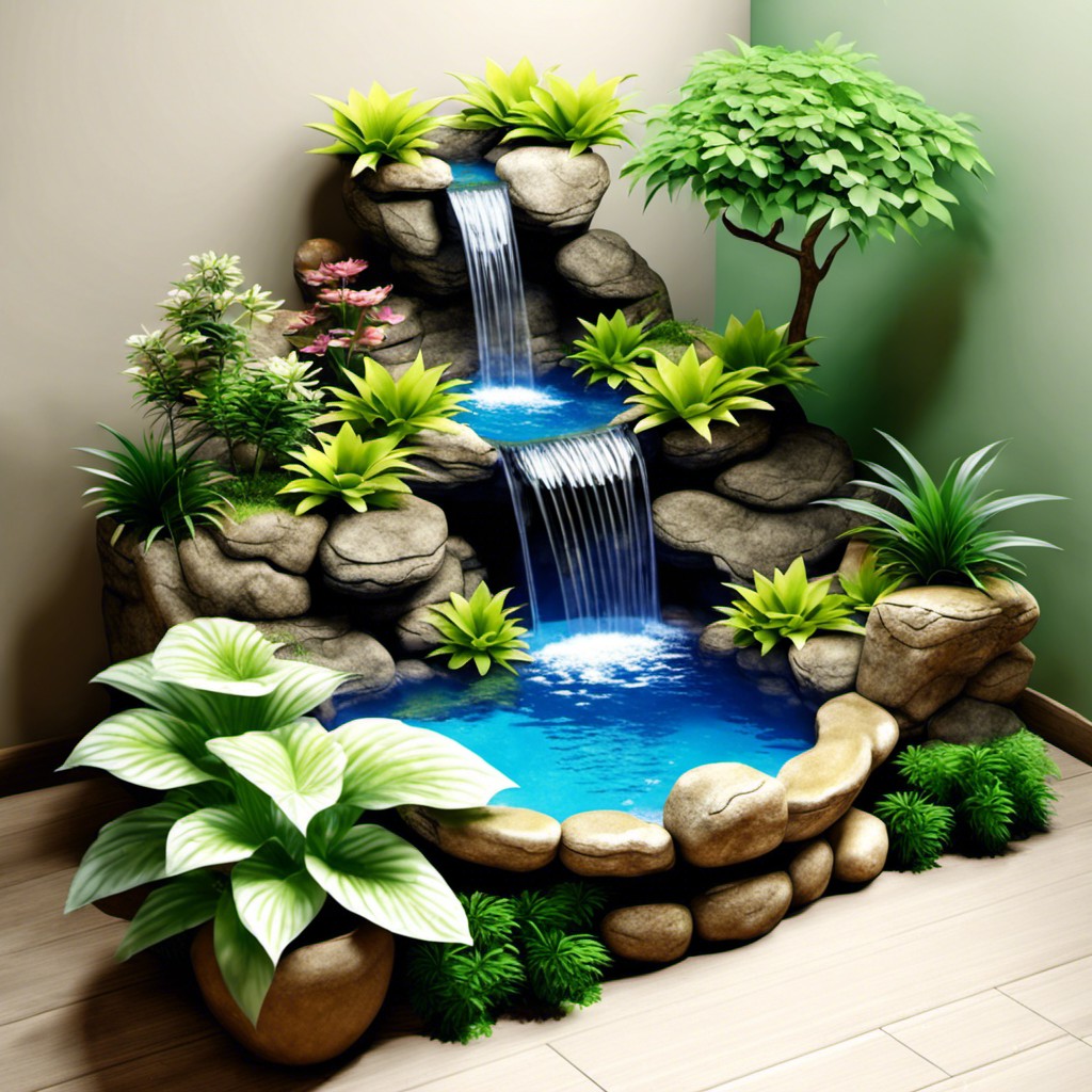 terraced waterfall flowing into a small corner aqua garden