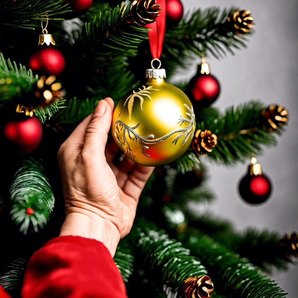 top tree with grinch hand grasping a bauble