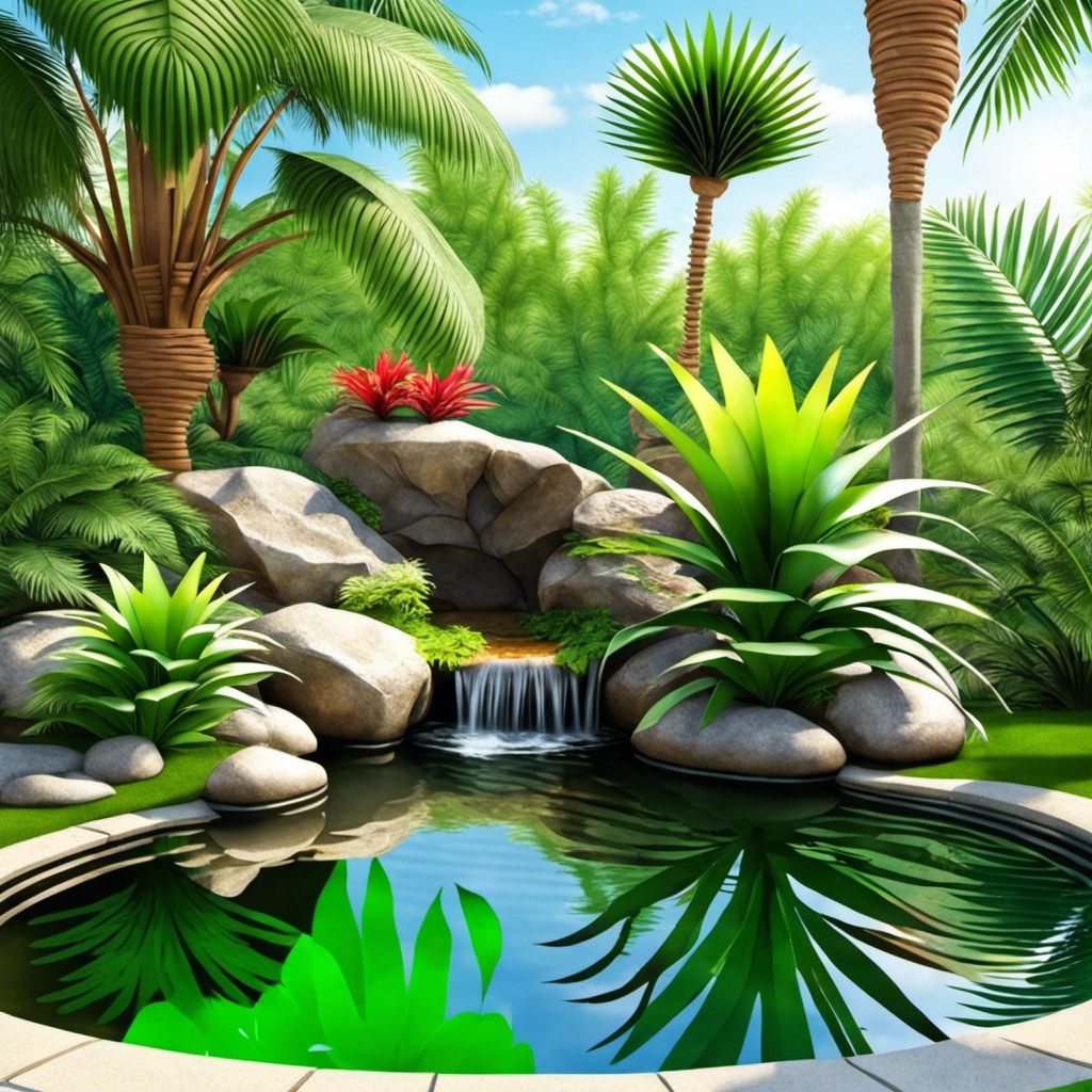 tropical garden pond with palm tree decoration