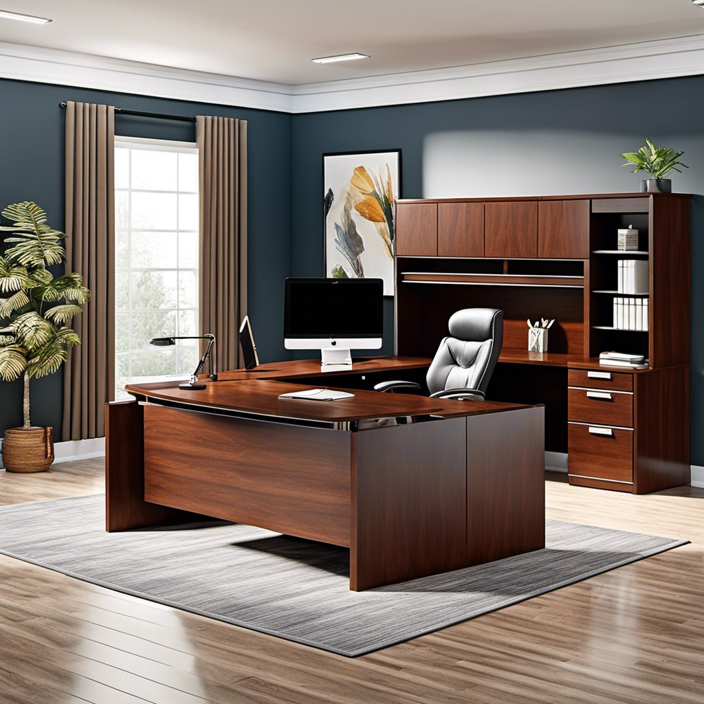 u shaped desk with multi drawer file cabinet on the sides