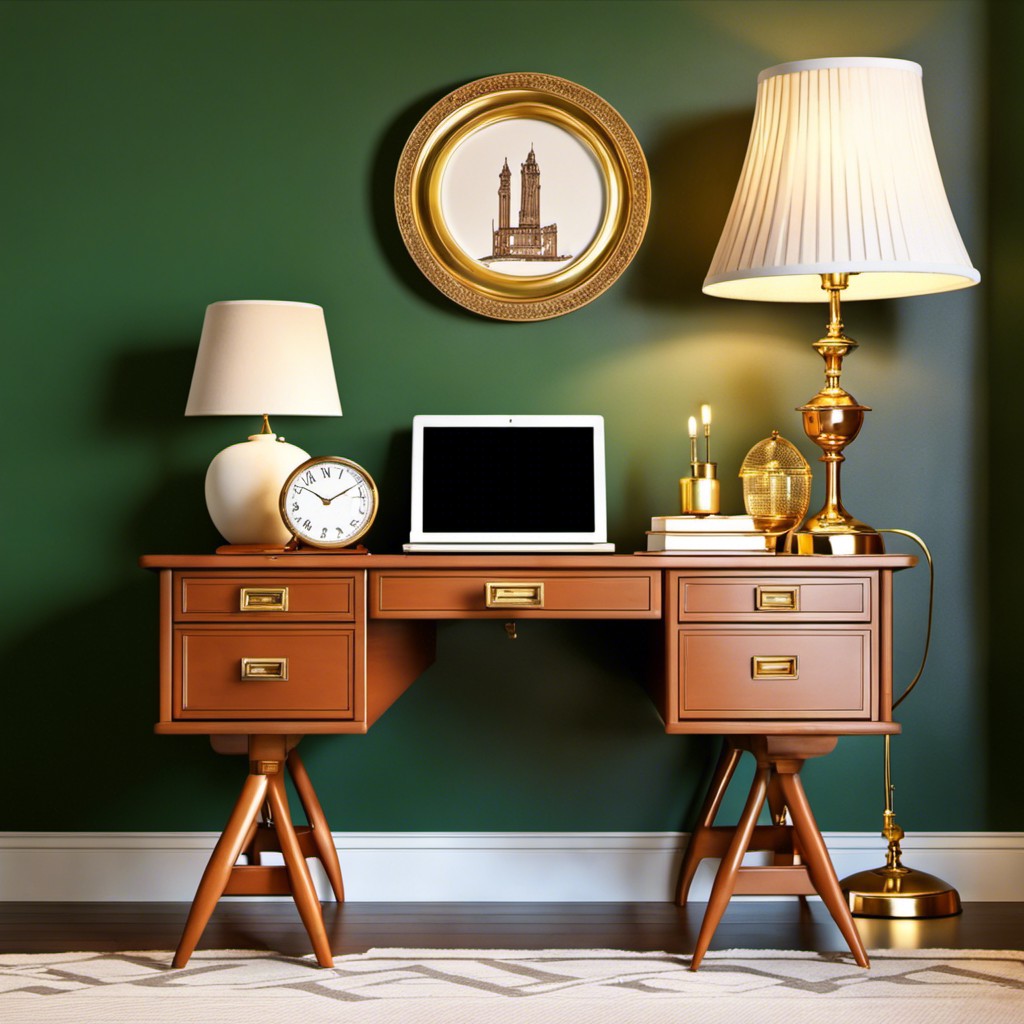 vintage desk with a golden lamp