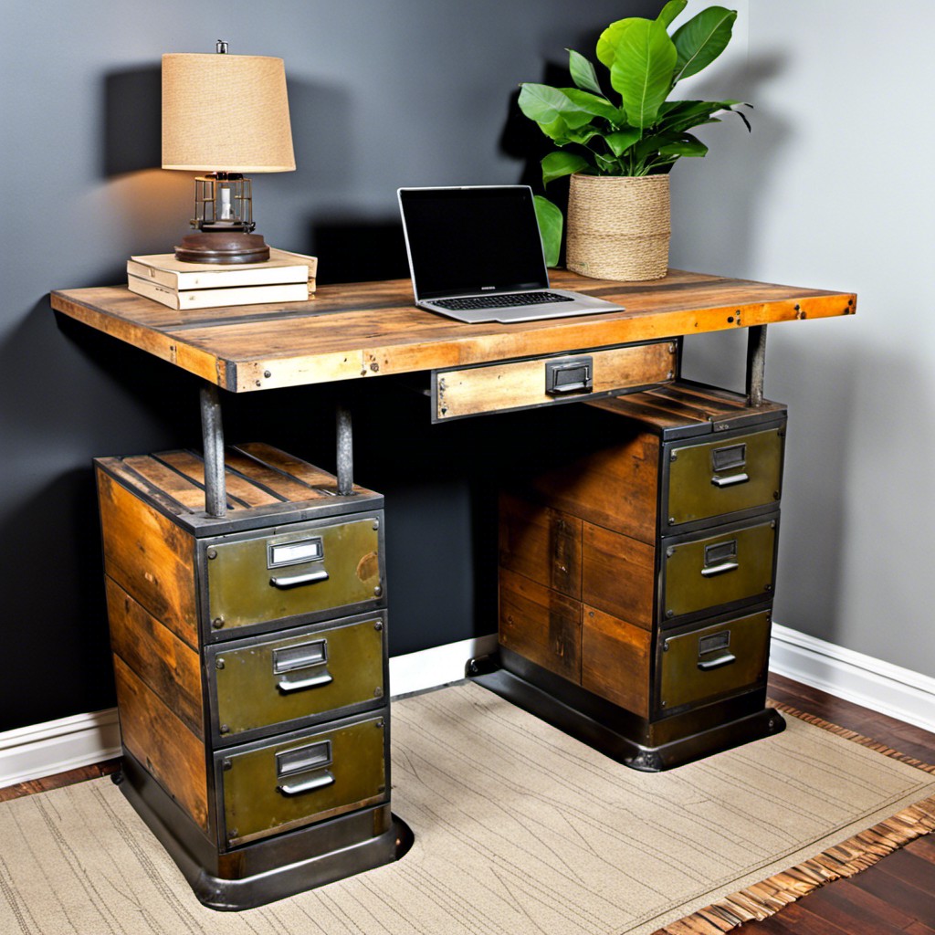 vintage industrial desk with rustic file cabinet inserts