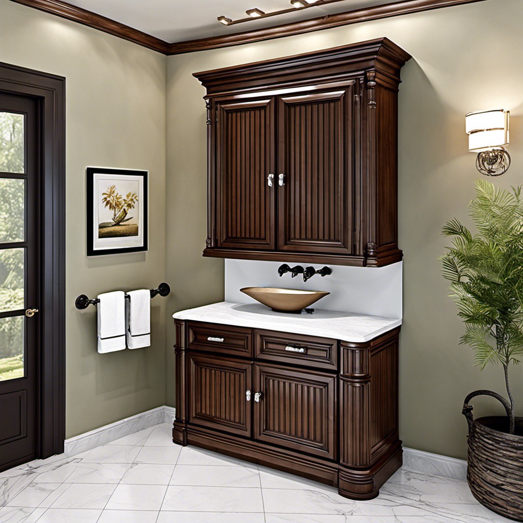 walnut finish fluted bathroom cabinet