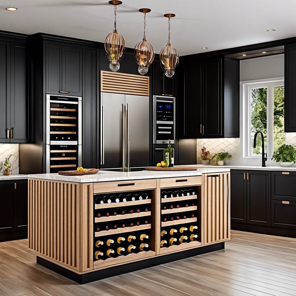 wooden fluted island with integrated wine fridge