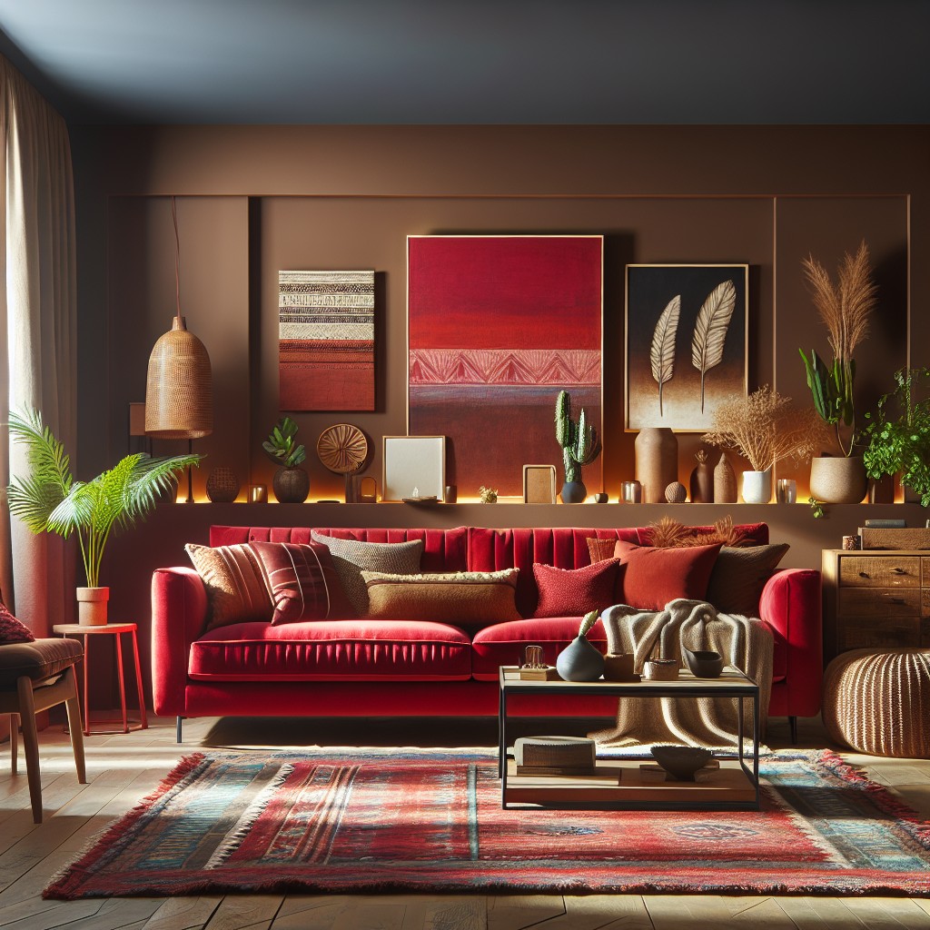 bold red sofas with brown details