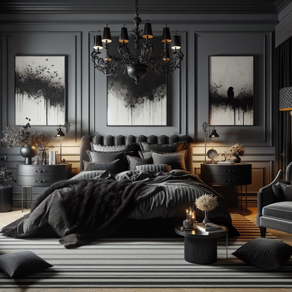 bring definition to a grey bedroom with black elements
