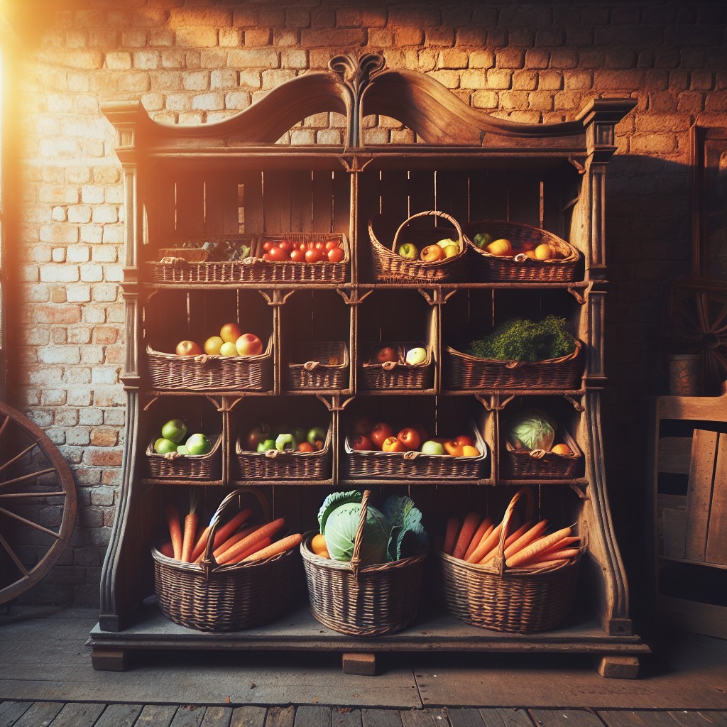 diy produce rack with vintage baskets