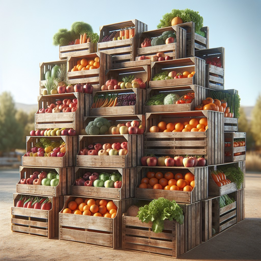 multi tiered produce stand with wooden crates
